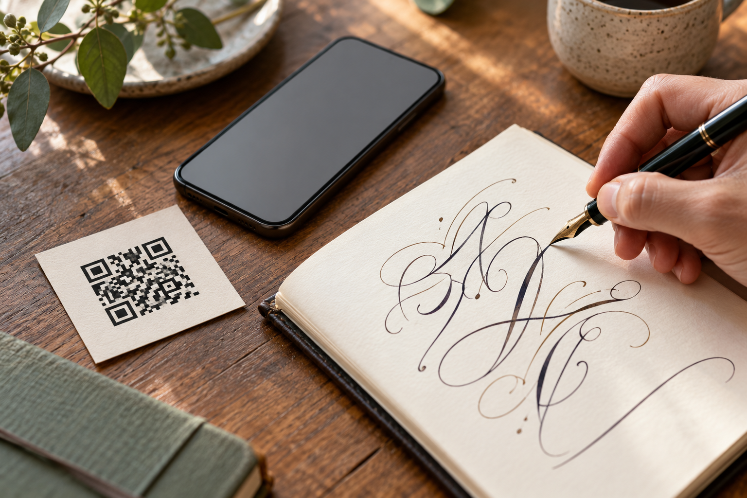 Decorative lettering beside an illustrative QR card and phone