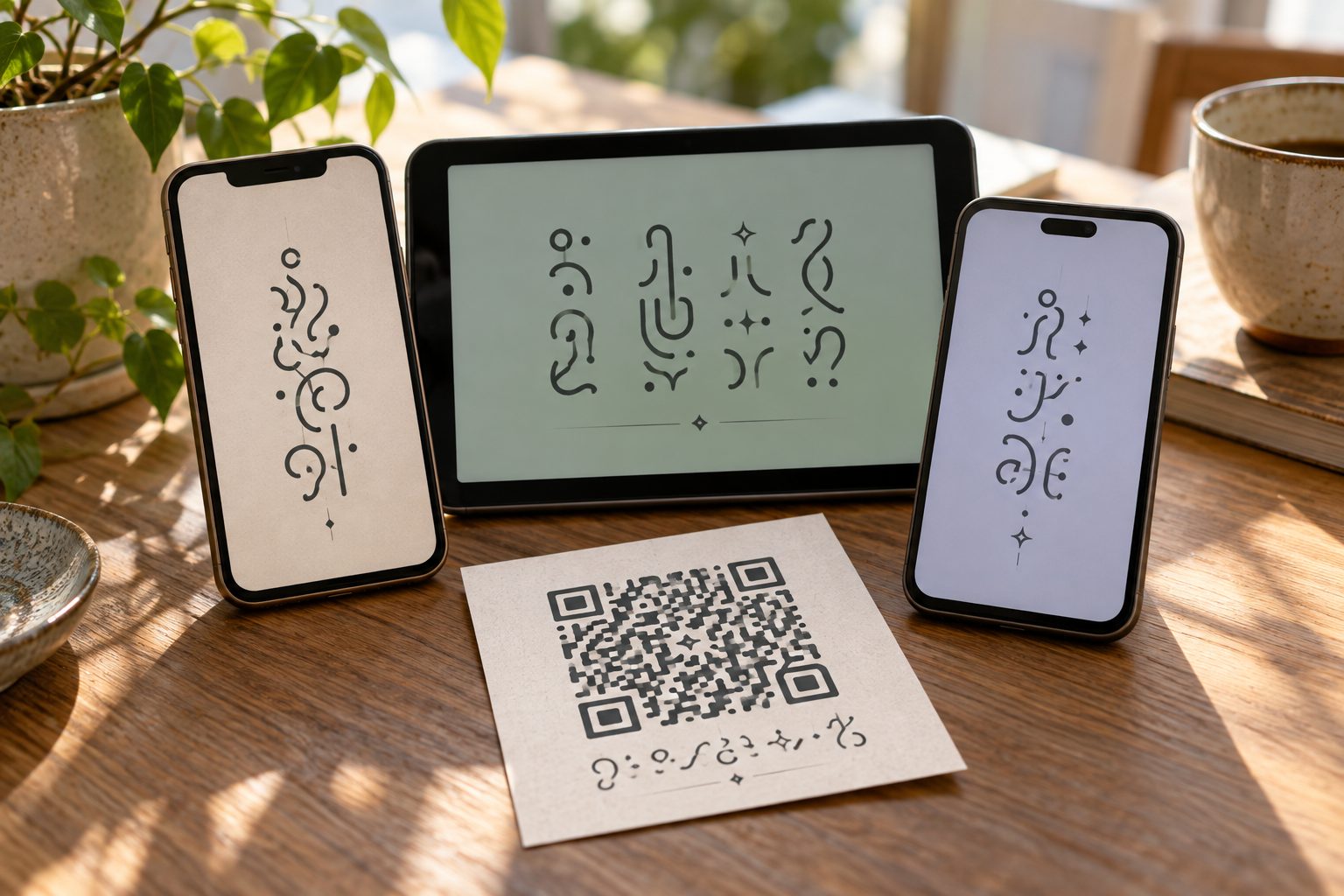 Different devices beside a QR card and decorative letterforms